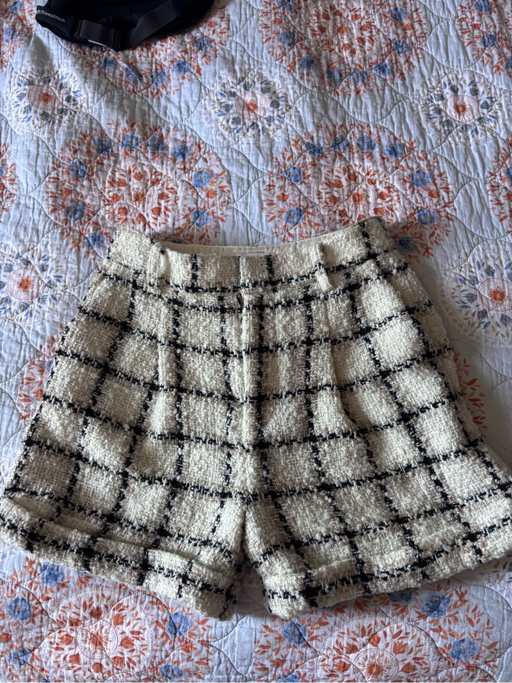 Anine Bing Cream and Black Windowpane Tweed Shorts